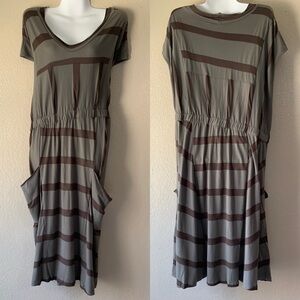 LUNN Lagenlook Gray Stripe Asymmetrical Waist Cap Sleeve Midi Dress Size 4